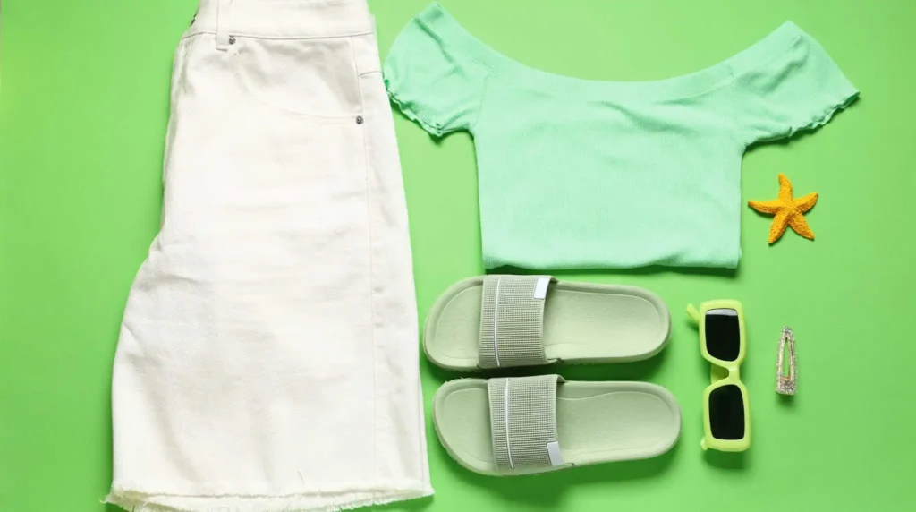 Current image: White denim skirt, mint green top, light green slides, sunglasses, and starfish on green background Sensory Clothing Autism Adults Summer Breathable